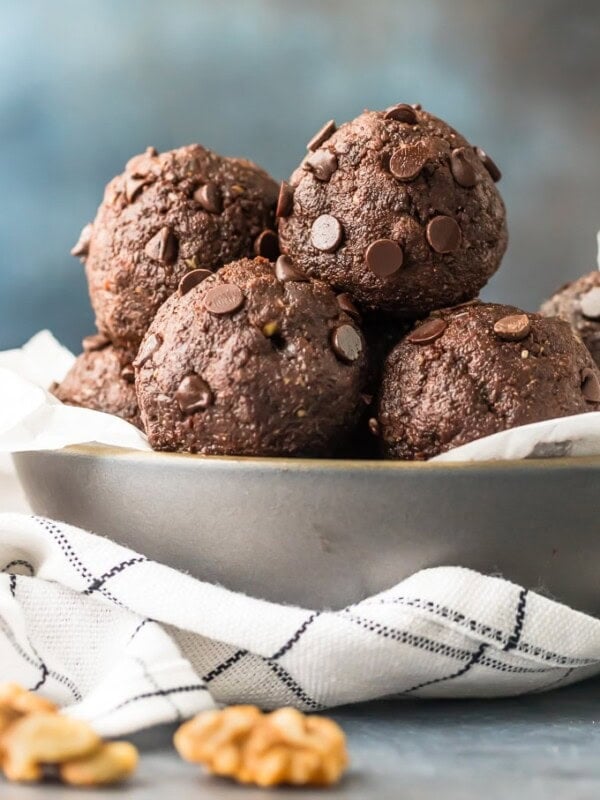 Walnut Brownie Protein Balls in a white bowl