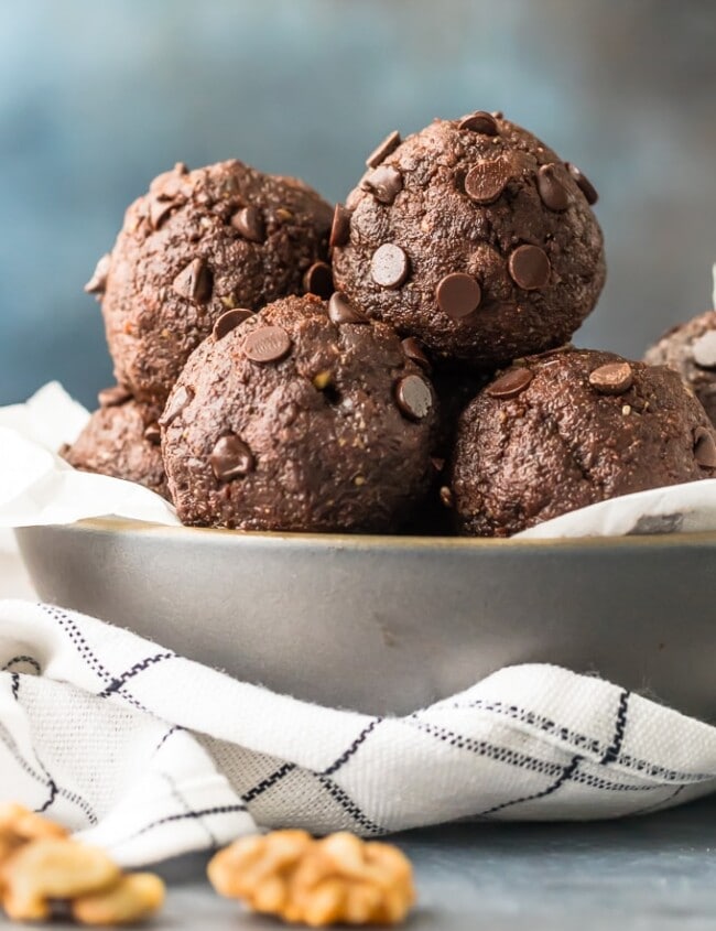 Walnut Brownie Protein Balls in a white bowl