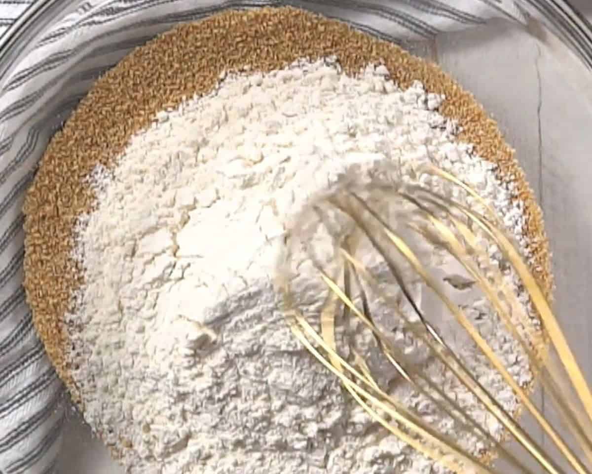 Whisking the dry ingredients together.