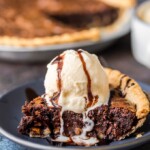Brownie Pie is a rich, chocolaty dessert that's almost too good to be true! A homemade fudge brownie recipe baked straight into a pie crust gives you two desserts in one.