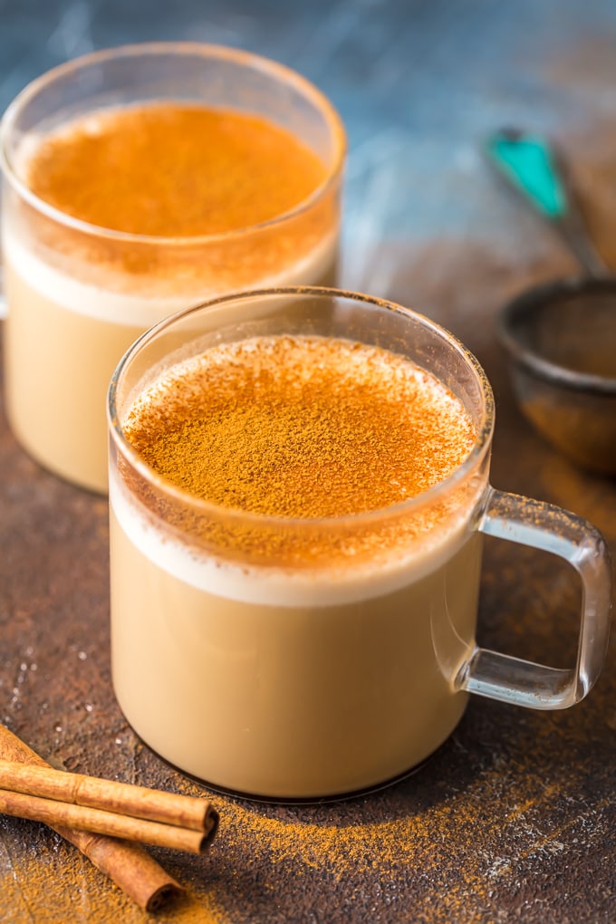 bulletproof coffee in two glass mugs