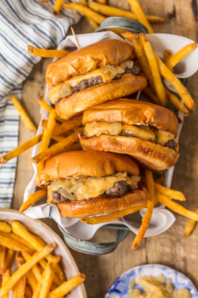 A basket of butter burgers and fries