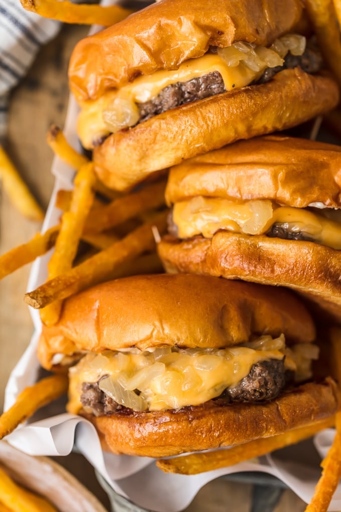 Butter burgers with cheese and onions