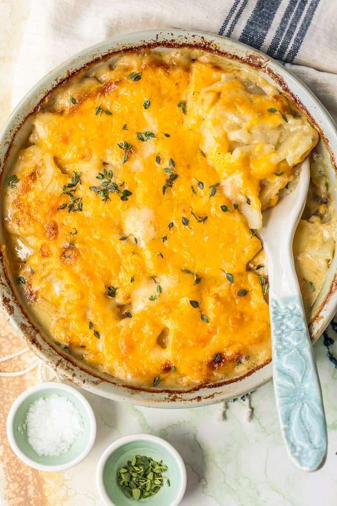 Easy Cheesy Scalloped Potatoes recipe in a casserole dsih