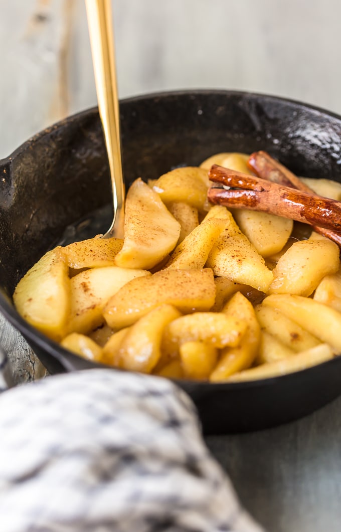 Cast iron skillet with fried apples topped with cinnamon