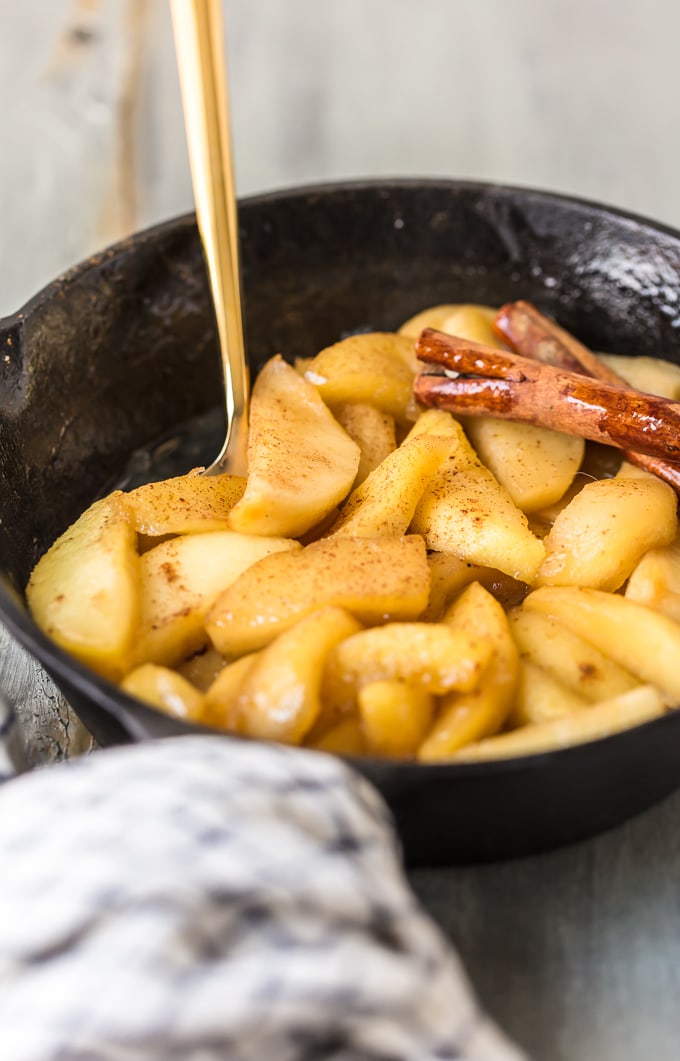 Cast iron skillet with fried apples topped with cinnamon