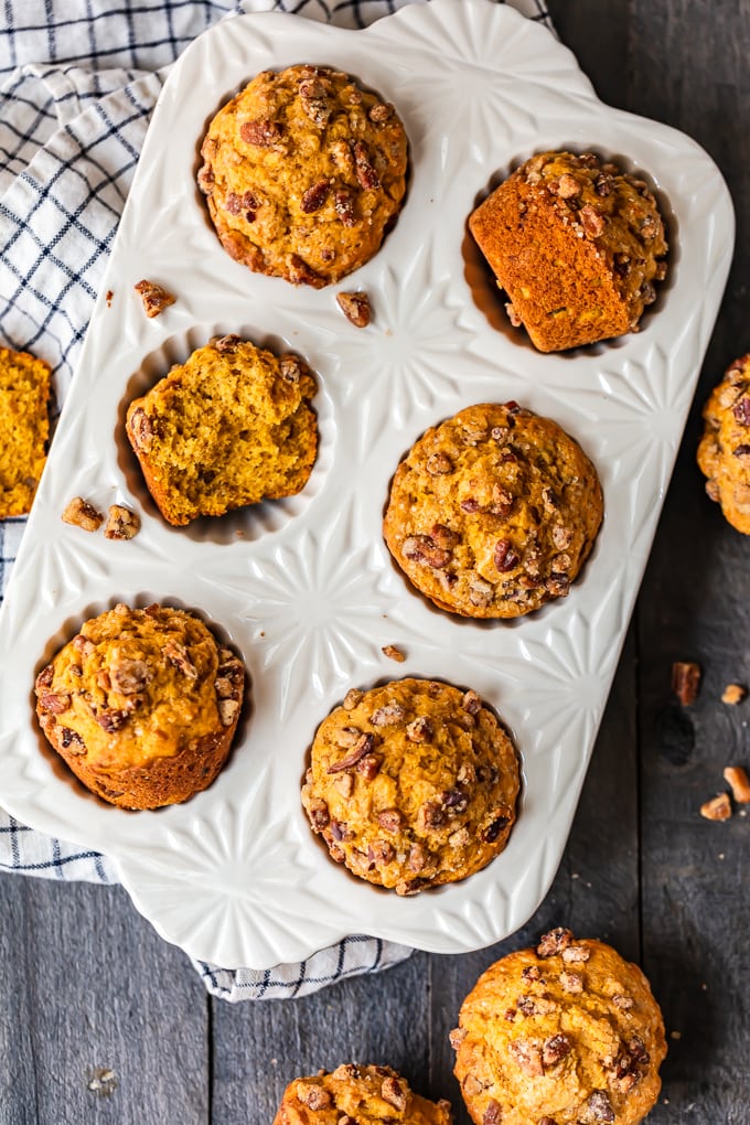 Pumpkin Spice Muffins in a white muffin tray