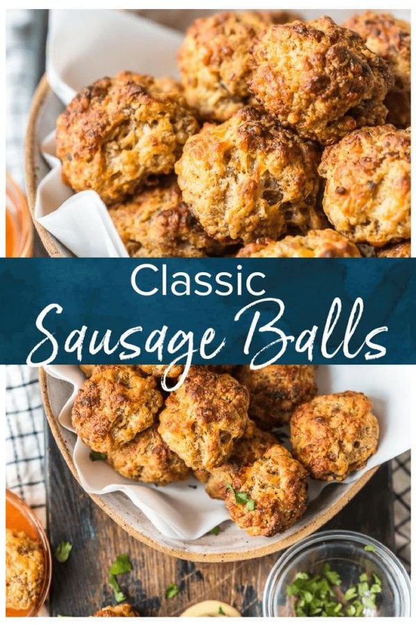 This classic Sausage Balls recipe is savory, cheesy, and tasty! These Bisquick sausage balls are the perfect appetizer for holidays or game day. Serve them with apricot sweet chili dipping sauce!