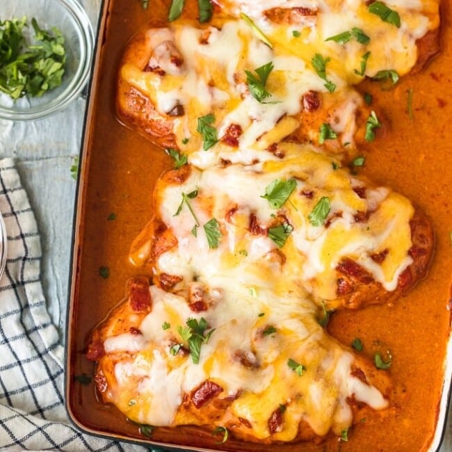 This Southwest Chicken Bake is so creamy, cheesy, & delicious. This easy Enchiladas Baked Chicken Breast recipe is perfect for dinner any night of the week!