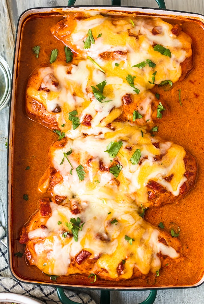 Southwest Chicken baked in enchilada sauce