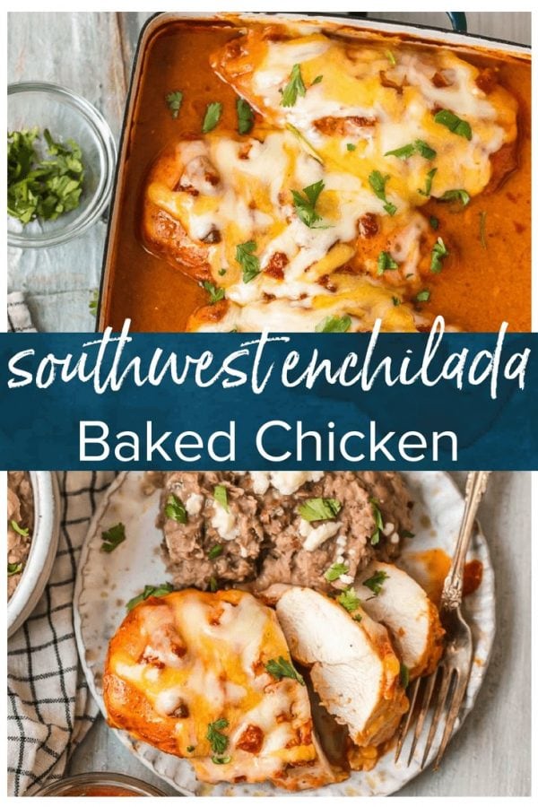 This Southwest Chicken Bake is so creamy, cheesy, & delicious. This easy Enchiladas Baked Chicken Breast recipe is perfect for dinner any night of the week!