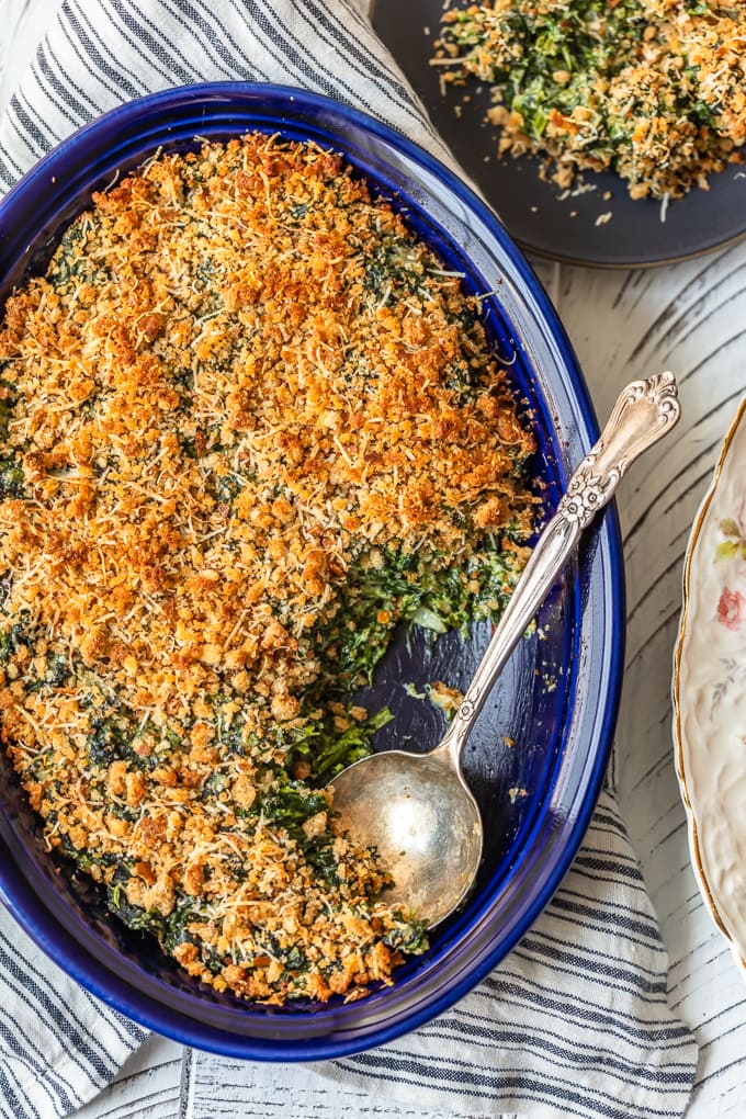 Creamed Spinach Casserole topped with a cheesy bread crumb mixture