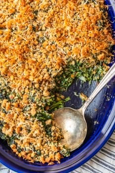 Spinach Gratin is a cheesy side dish recipe perfect for holidays. Also known as Creamed Spinach Casserole, this recipe bakes together into a hot a bubbly dish full of flavor!