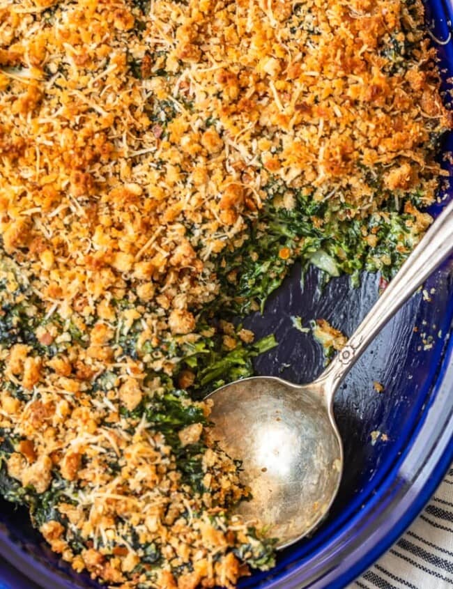 Spinach Gratin is a cheesy side dish recipe perfect for holidays. Also known as Creamed Spinach Casserole, this recipe bakes together into a hot a bubbly dish full of flavor!