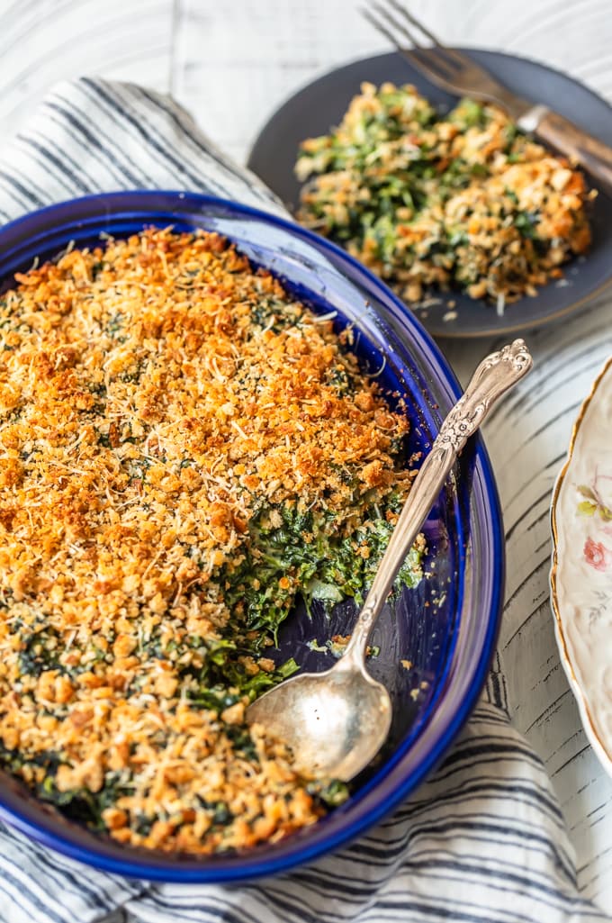 Cheesy Spinach Gratin in a baking dish