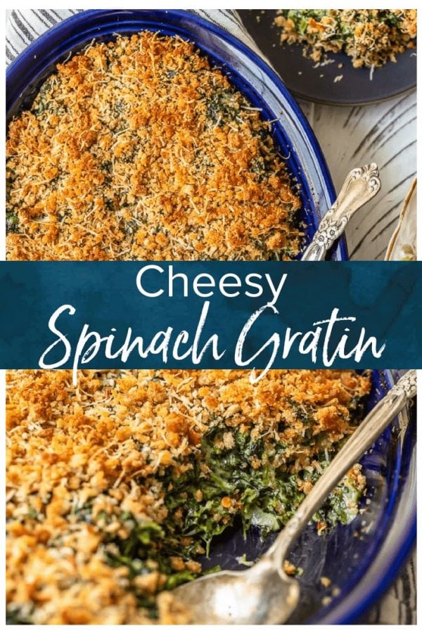 Spinach Gratin is a cheesy side dish recipe perfect for holidays. Also known as Creamed Spinach Casserole, this recipe bakes together into a hot and bubbly dish full of flavor!