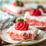 This FRESH STRAWBERRY CAKE recipe is so light, sweet, and easy to make. And with the Strawberry Cream Cheese Icing, this easy cake recipe is just too delicious to resist!