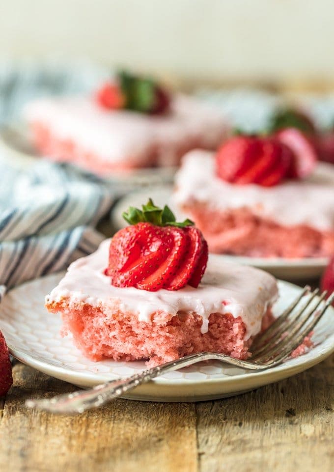 Fresh Strawberry Cake recipe on a plate with a fork