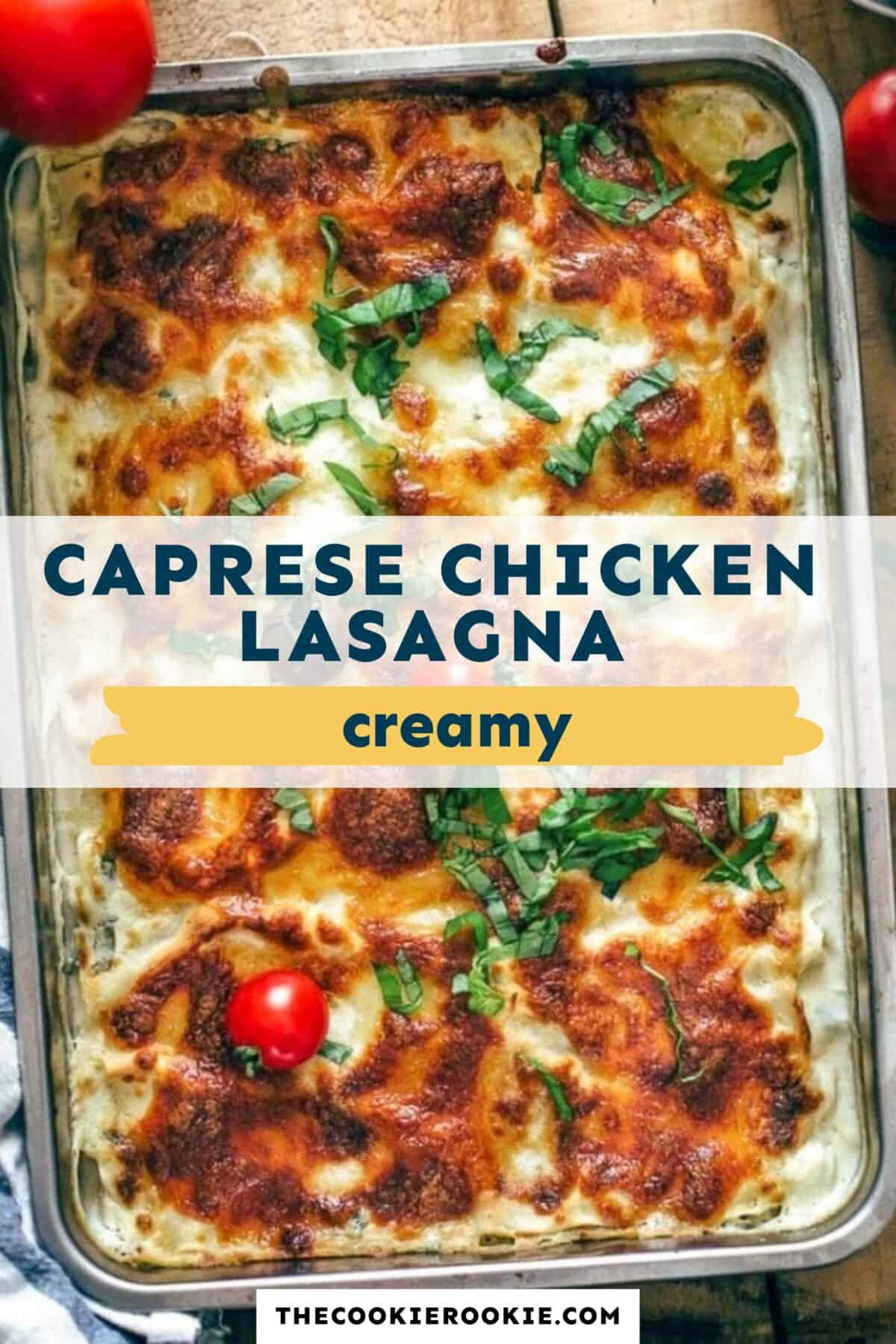 caprese chicken lasagna pin image