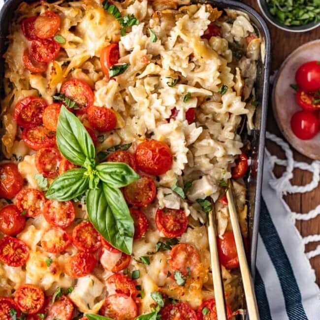 This Chicken Alfredo Pasta Bake is so cheesy, so creamy, and so full of flavor! I love this Chicken Alfredo Casserole for easy weeknight dinners. It's filled with chicken, cheese, tomatoes, pasta, and vegetables, and cooked in a creamy Alfredo sauce. I can't get enough of this Chicken Alfredo Bake!