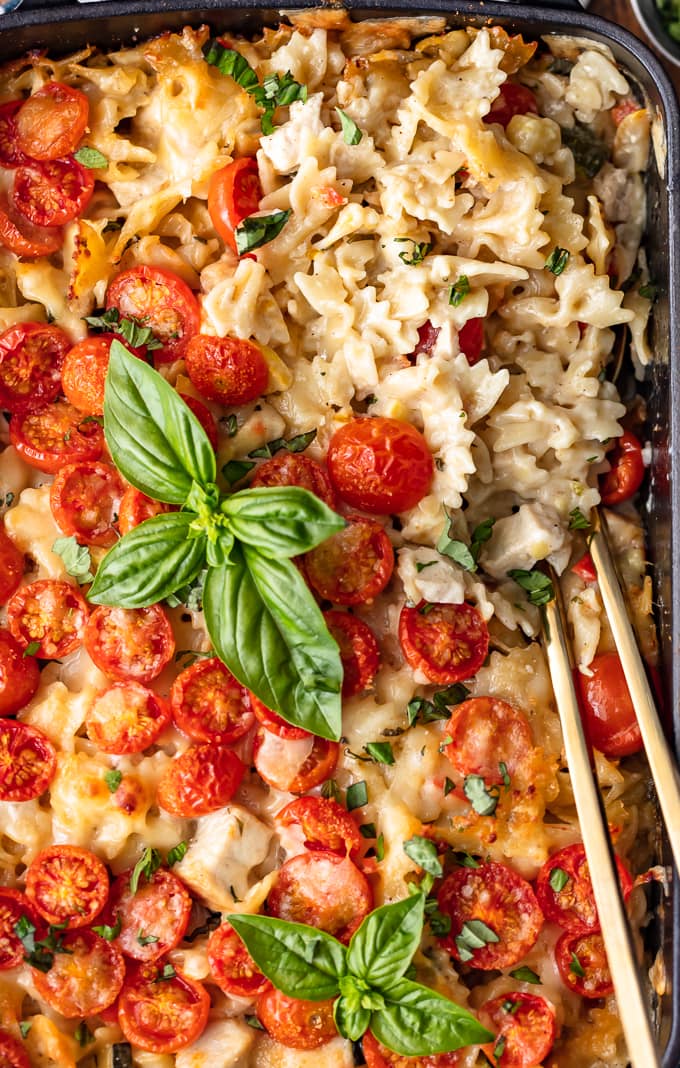 Chicken Alfredo Pasta Bake topped with tomatoes