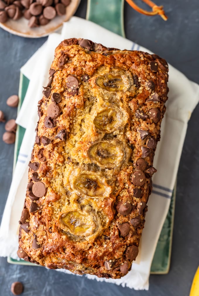 A loaf of banana bread with chocolate chips