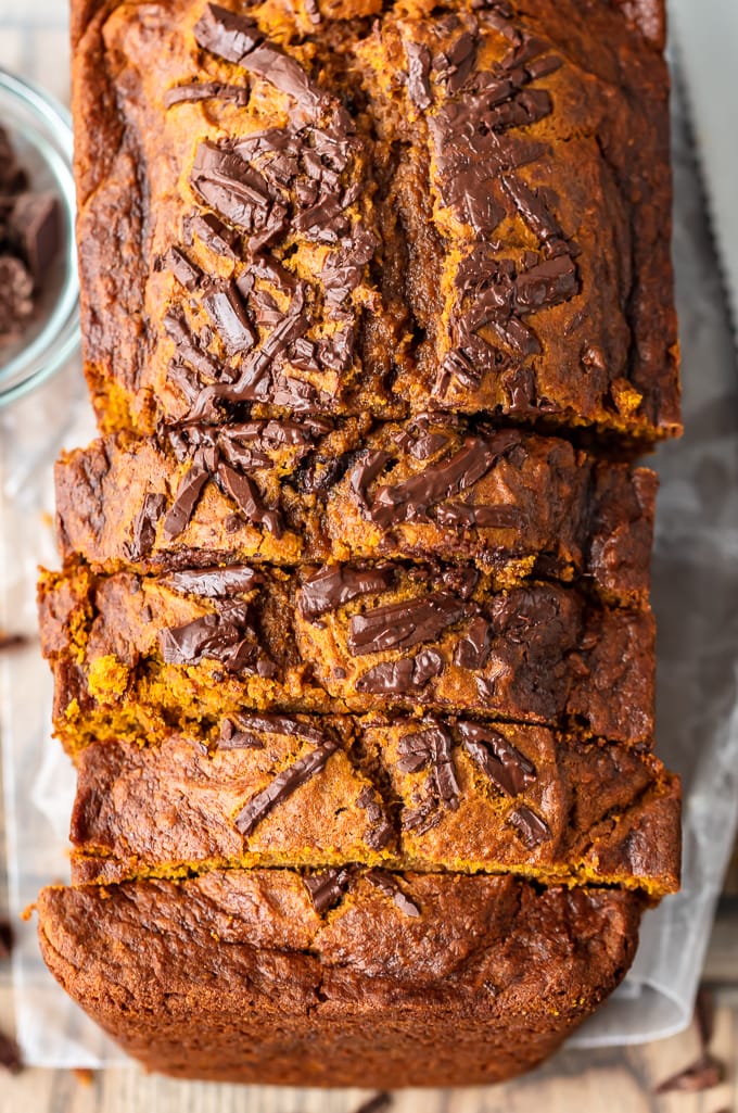 Easy pumpkin bread recipe topped with chocolate shards