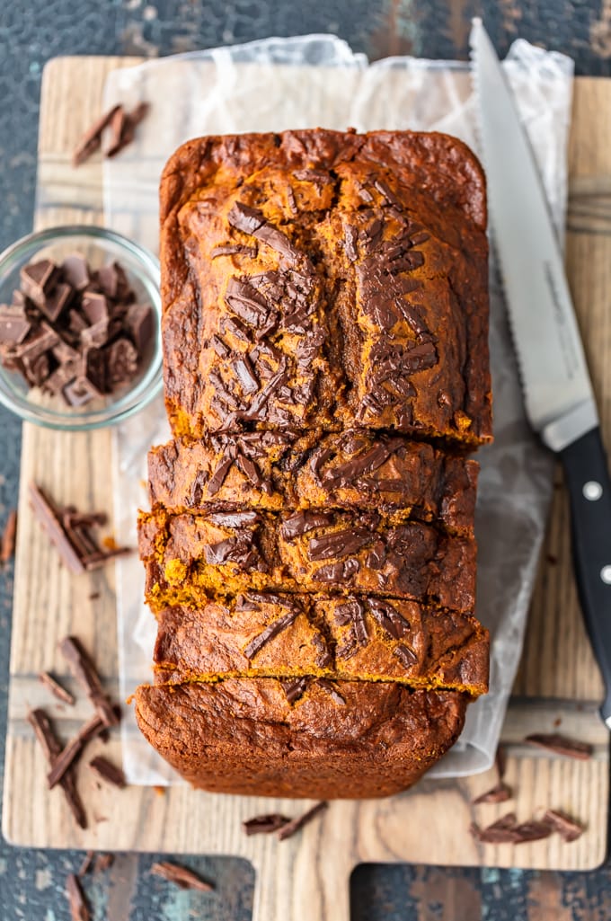 A loaf of pumpkin bread with chocolate chips