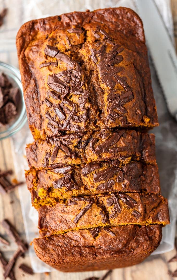 A loaf of Pumpkin Chocolate Chip Bread