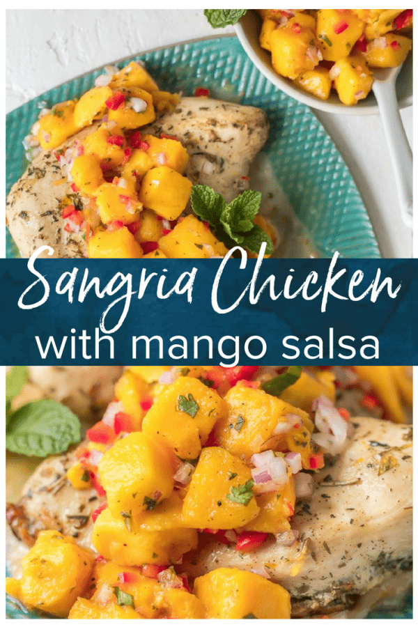 Sangria Chicken with Mango Salsa is a fresh and delicious dinner option. Combine a sangria butter sauce with marinated chicken breasts, and top it off fresh fruity mango salsa. The result is Mango Salsa Chicken, a tasty summer-time dish full of flavor!