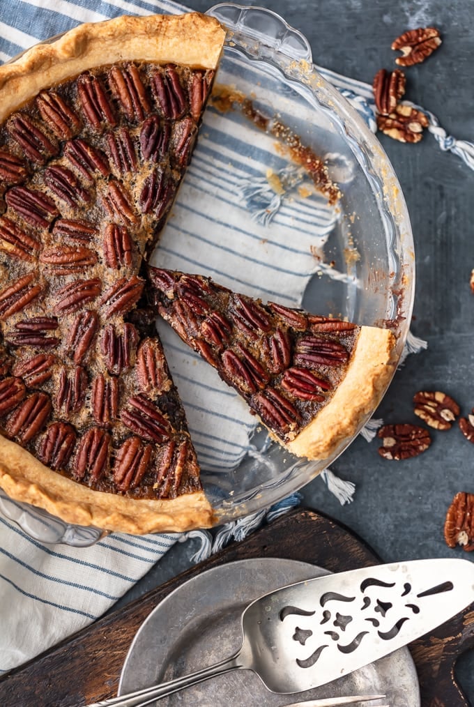 Chocolate Pecan Pie in a glass pie plate