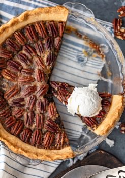Chocolate Pecan Pie is the perfect mix of pecan and chocolate pies. Chocolate filling made with chocolate chips and bourbon, topped with toasted pecans. This Chocolate Bourbon Pecan Pie recipe needs to be added to your holiday dessert table as soon as possible. Make it for Thanksgiving, Christmas, or any time you wan this delicious pie!