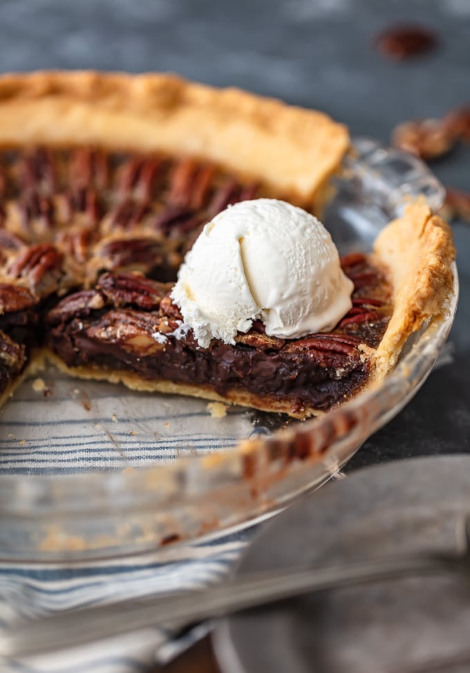 bourbon chocolate pecan pie topped with ice cream