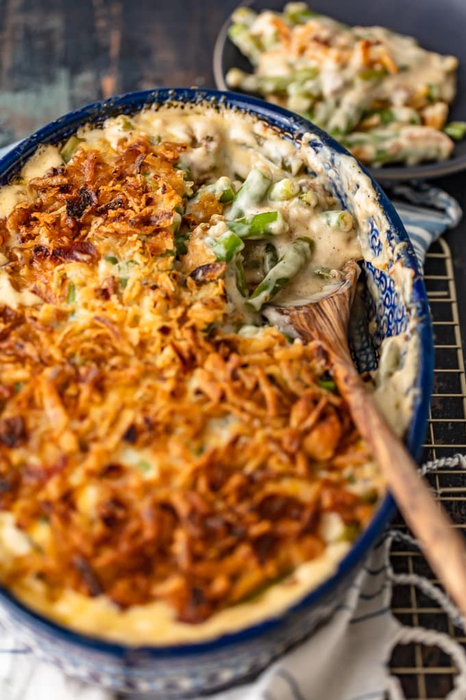 Green bean casserole topped with crunchy fried onions