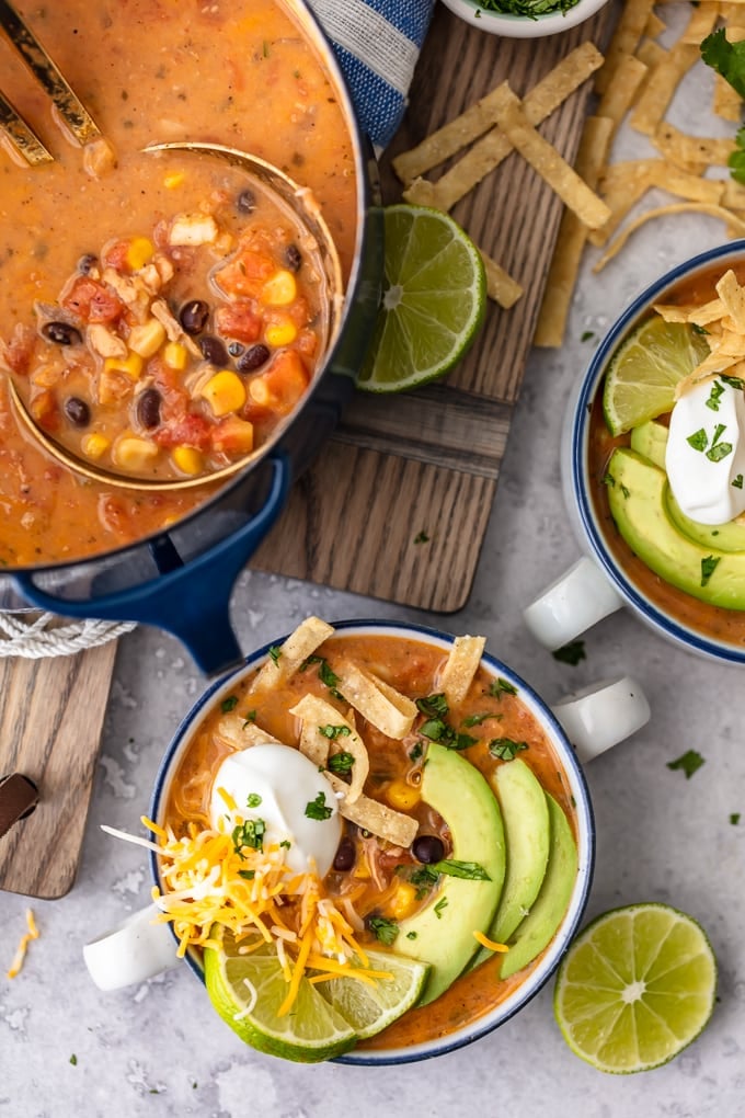 A bowl of creamy chicken tortilla soup next to a large pot of soup