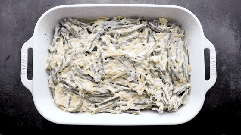 Green bean casserole in a baking dish.