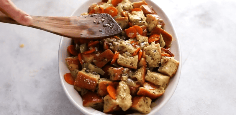 transferring stuffing to oven safe dish