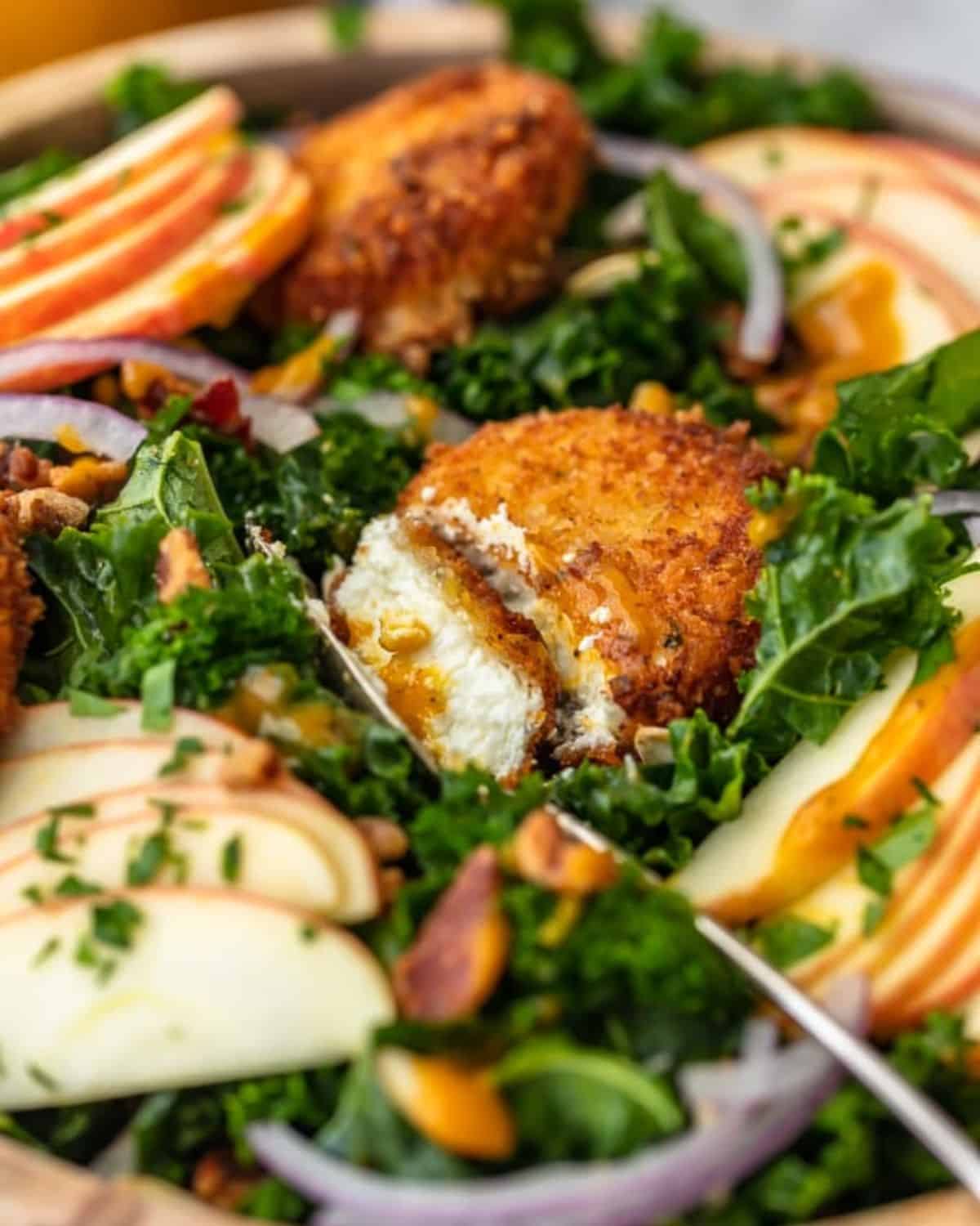 This Autumn Kale Salad recipe is the salad of the season! Made with kale, apples, onions, pumpkin seeds, bacon, fried goat cheese and a maple pumpkin salad dressing, it is the perfect fall salad idea. This delicious kale apple salad makes a tasty and healthy meal you'll want to eat all season long! Kale salad with apples, fried goat cheese, bacon, pumpkin seeds, and pecans in a bowl with a fork.