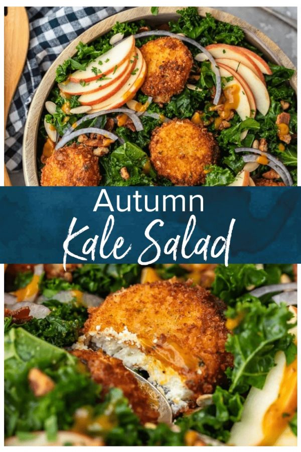 This Autumn Kale Salad recipe is the salad of the season! Made with kale, apples, onions, pumpkin seeds, bacon, fried goat cheese and a maple pumpkin salad dressing, it is the perfect fall salad idea. This delicious kale apple salad makes a tasty and healthy meal you'll want to eat all season long!