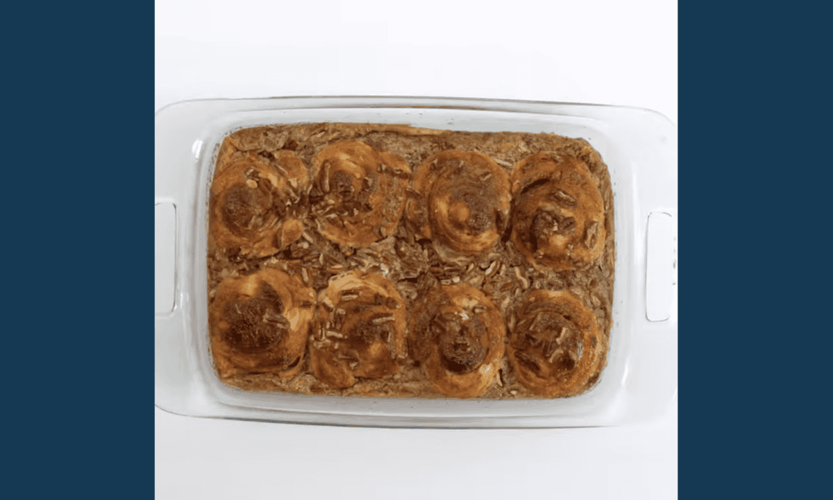 cinnamon roll french toast casserole in a baking dish.