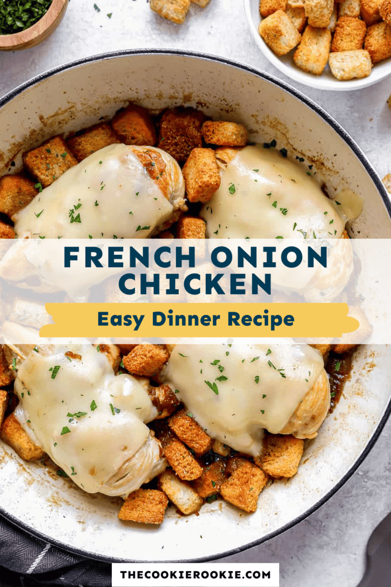 French onion chicken cooked in a skillet with flavorful croutons.