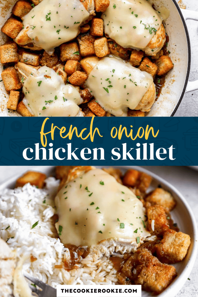 French onion chicken skillet with rice and croutons. This delicious recipe combines the flavors of classic French onion soup with tender chicken, cooked in a skillet until golden brown. Served over a bed of