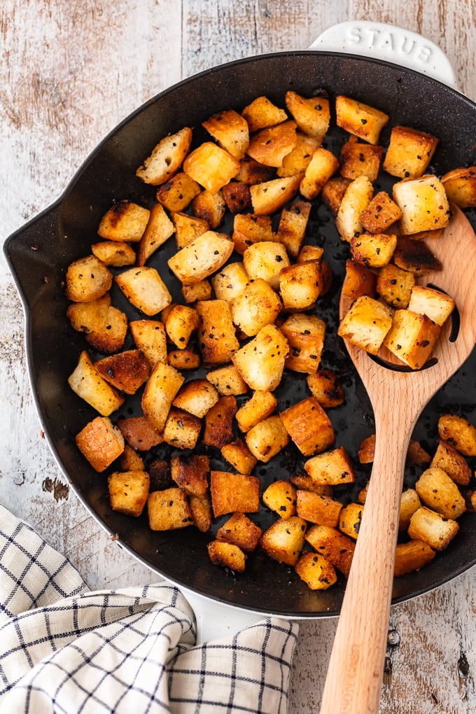 Fried croutons in a skillet