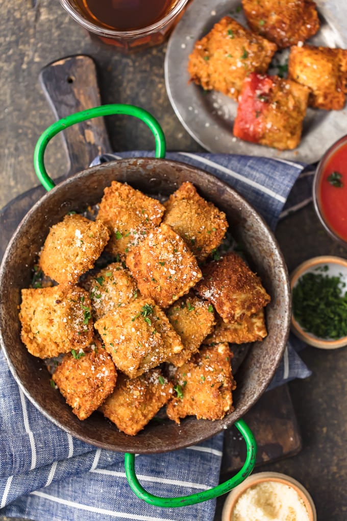 overhead view of toasted ravioli in a pan