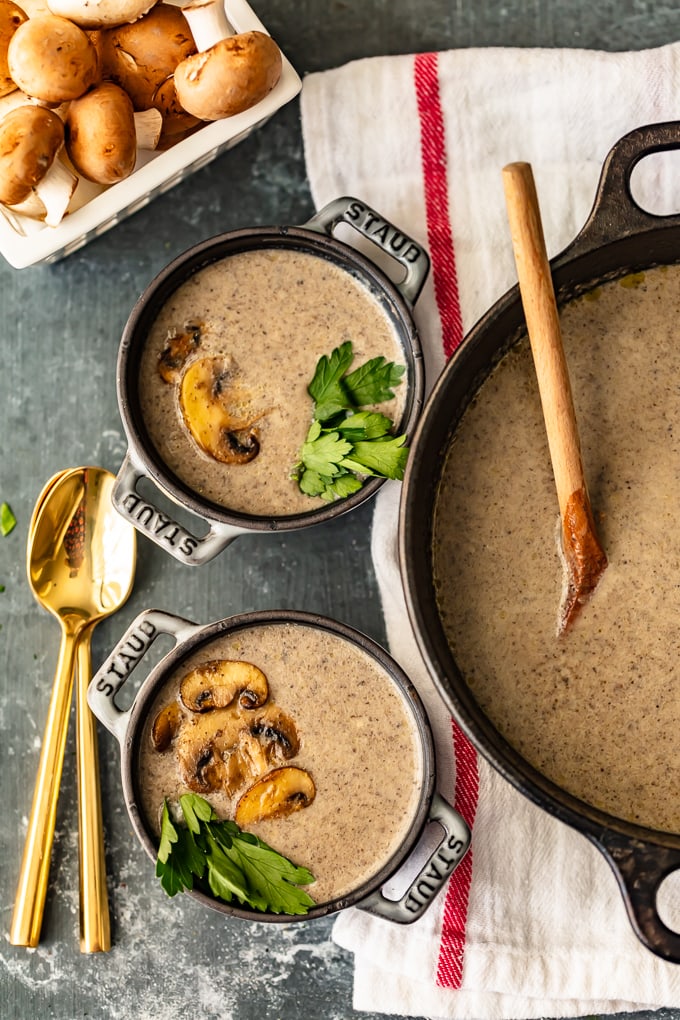 A pot of homemade cream of mushroom soup next to two bowls of it