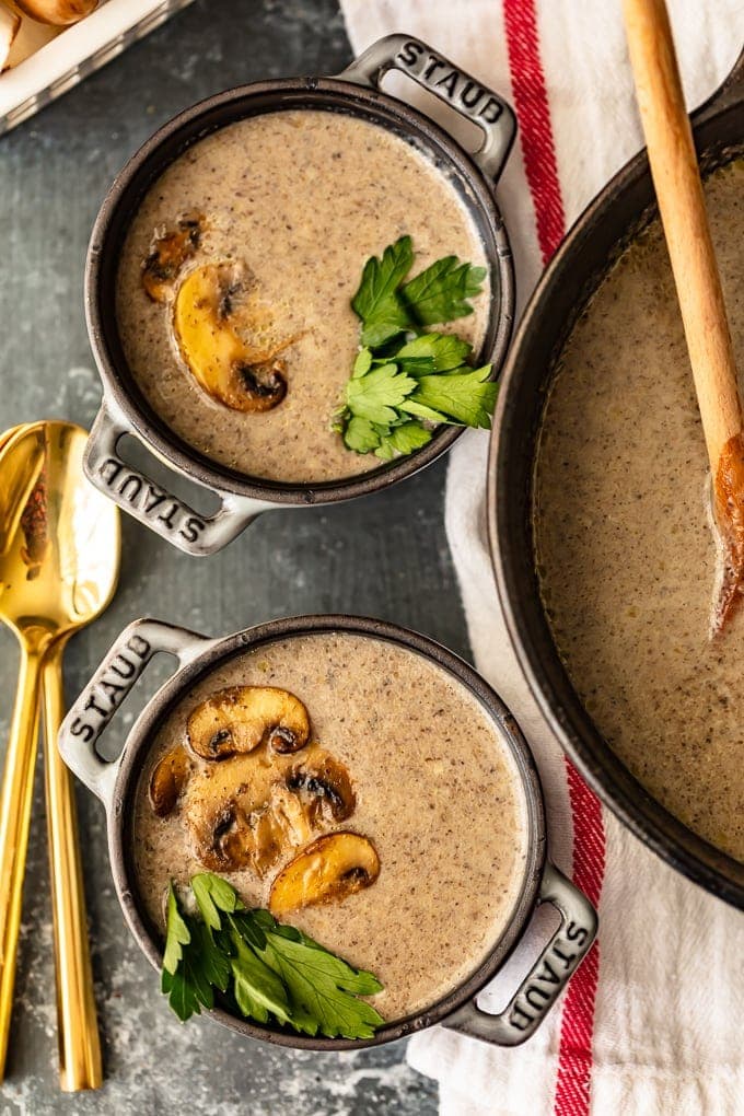 Homemade Cream of Mushroom Soup recipe in two bowls