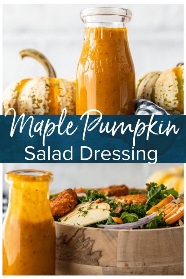 Maple Pumpkin Salad Dressing is the best autumn salad dressing recipe! Nothing says fall like pumpkin, and a bit of maple adds a rich flavor to it. This homemade salad dressing goes with all of your fall salad ideas, and it's the perfect kale salad dressing!
