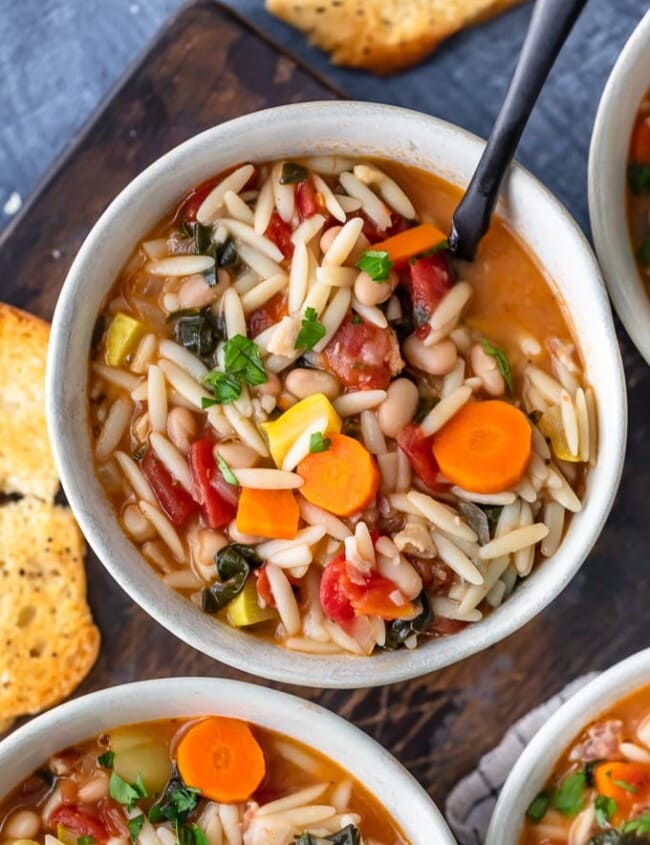 Minestrone Soup is the perfect soup for winter! It's hearty, delicious, and so easy to make. This is the best minestrone soup recipe, made with Orzo and crispy Pancetta. Yum!