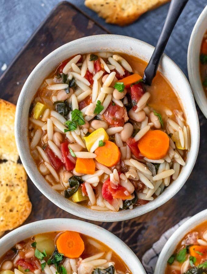 Minestrone Soup in a white bowl
