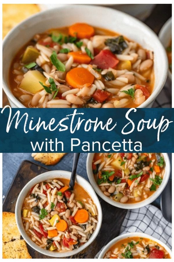 Minestrone Soup is the perfect soup for winter! It's hearty, delicious, and so easy to make. This is the best minestrone soup recipe, made with Orzo and crispy Pancetta.